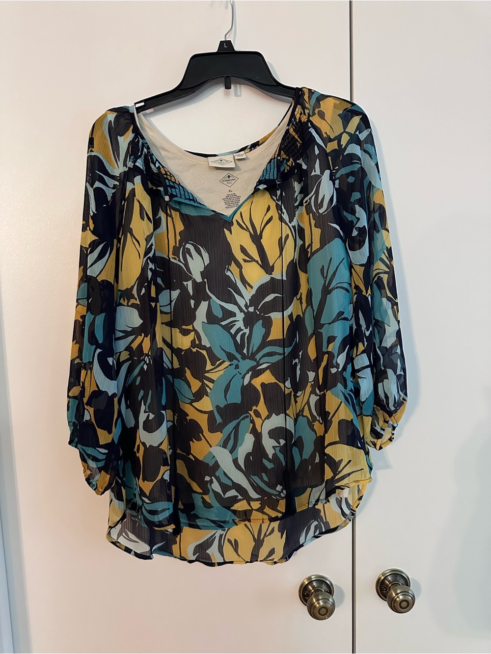 St. John's Bay Mustard and Teal Floral Pleated Blouse w/ Tank for underneath.